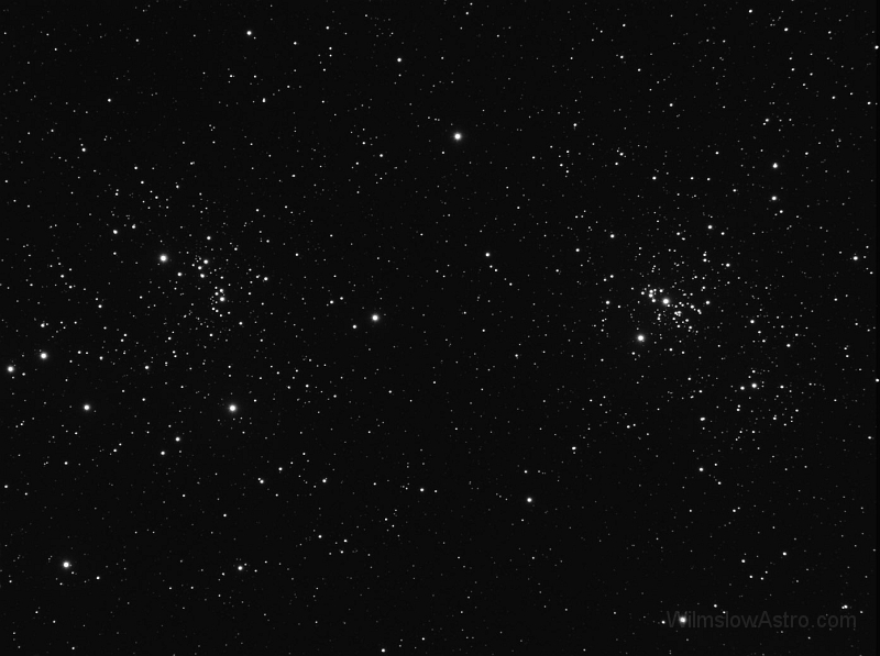 n869-cls-l_061116.jpg -    Object:   NGC869 - Double Cluster     Date:   November 16th 2006     Instrument:   StellarVue SV4 Apo     Camera:   SXV-H9     Exposure:   x 60 secs     Filters:   Astronomik CLS     Comments:   A collimation test for the SV4 after I had adjusted it. You can see that it is still a little out on the right. I think this is due to droop in the image train, I may have a fix.  