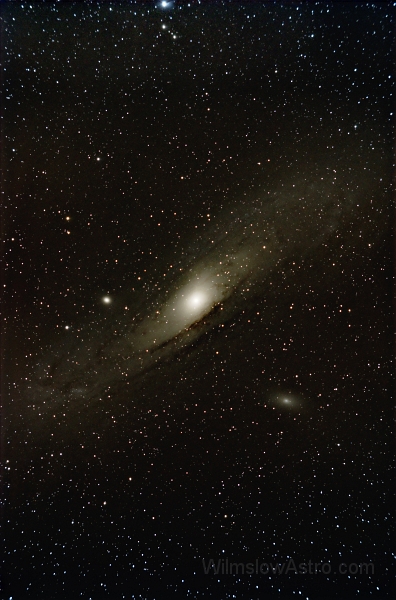 m31-03x_300s_copy.jpg -    Object:   M31 - Andromeda Galaxy     Date:   December 16th 2007     Instrument:   Telescope House 80mm Apo triplet (loan)     Camera:   QHY8     Exposure:   5x 300secs     Filters:   None     Comments:   A quick test image on review telescope.No calibration, just a rough attempt at vignetting and gradient reduction in PS.  