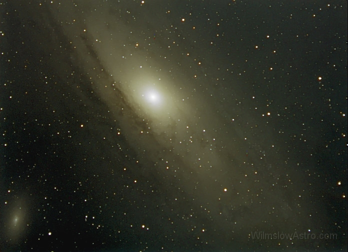 m31lrgb_l2_050916.jpg -    Object:   M31 - Andromeda Galaxy     Date:   September 9th 2005     Instrument:   StellarVue SV4 Apo + 0.63 FR     Camera:   SXV-H9 RGB-binned 2x2 L-1x1     Exposure:   RGB-6x 60secs     Filters:   L-Astronomik CLS, Astronomik RGB Type IIc     Comments:   The FR didn't work too well, so stuck to the 2x2 binned size to hide the halos a bit.  