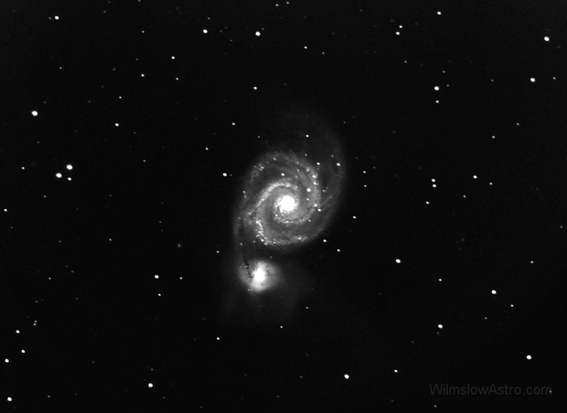 m51-030329.jpg -    Object:   M51 - Whirlpool Galaxy     Date:   March 29th 2003     Instrument:   LX200 10" f/10 + 0.33 FR     Camera:   SXV-H9     Exposure:   9x 3 minutes     Filters:   Orion Skyglow     Comments:   Unguided and taken with a f/3.3 FR @ f/3.7. The sky was hazy, and the polar alignment not perfect. I took some flat fields this time, but the method used needs improving (cloth over the dewcap, LED torch on top of the LX200, and pointed the lot at my shed!) - I need a proper diffuser  