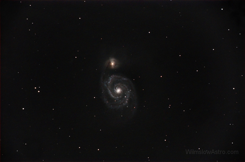 m51-stack-rgb-50pct.jpg -    Object:   M51 - Whirlpool Galaxy     Date:   May 2nd 2007     Instrument:   C14 + Giant FR     Camera:   QHY-8     Exposure:   20x 120secs     Filters:   IDAS LPS P2     Comments:   Second light for the C14, I changed the reducer configuration to bring the C14 down to f/5.9. Still no guiding sorted out yet, so I limited the exposures to 2 minutes Taken under a full Moon. This is still a bit rough, needs more work. It also shows me that one shot colour cameras need a lot more exposure than I am used to with a mono camera. The large image is reduced to 50 percent of original size.  