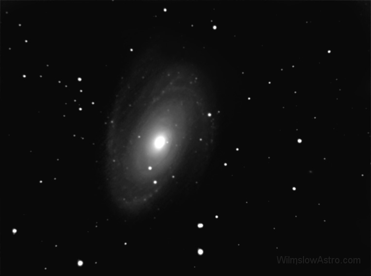 m81_030315.jpg -    Object:   M81     Date:   March 15th 2003     Instrument:   LX200 10" f/10 + 0.33 FR     Camera:   SXV-H9     Exposure:   10x 2 minutes     Filters:   Orion Skyglow     Comments:   Taken with a f/3.3 focal reducer (not calculated the exact ratio yet but it 'looks' around f/4 to me) and an Orion Skyglow filter.  The noise is bad (because of the moon - very marginal conditions) and I disturbed the optical setup before taking a flat field, so the background is not corrected as well as it should be  