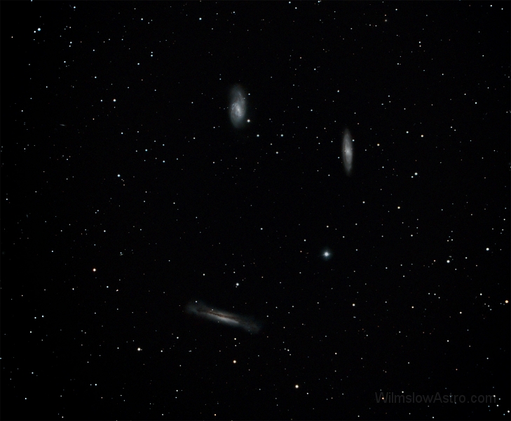 leo_trio_080210.jpg -    Object:   Leo Trio     Date:   February 10th 2008     Instrument:   C14 Hyperstar     Camera:   QHY8     Exposure:   30x 180 seconds     Filters:   IDAS     Comments:   Early Hyperstar image, reduced to 75% - no flat field taken for this and the collimation has yet to be sorted out.  