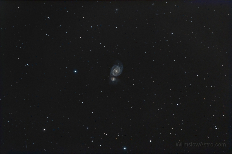 m51_080209.jpg -    Object:   M51     Date:   February 9th 2008     Instrument:   C14 Hyperstar     Camera:   QHY8     Exposure:   16x 240 seconds     Filters:   IDAS     Comments:   Early Hyperstar image, reduced to 75% - no flat field taken for this and the collimation has yet to be sorted out.  
