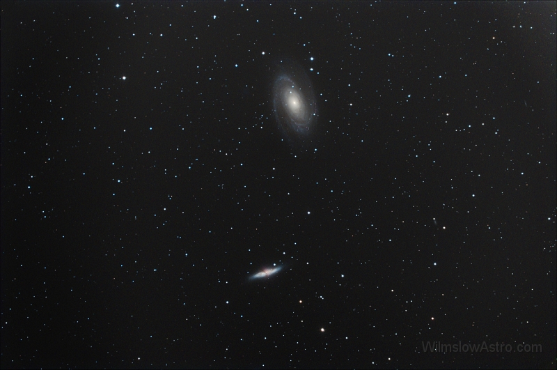 m81m82_080209.jpg -    Object:   M81 & M81     Date:   February 9th 2008     Instrument:   C14 Hyperstar     Camera:   QHY8     Exposure:   25x 180 seconds     Filters:   IDAS     Comments:   Early Hyperstar image, reduced to 75% - no flat field taken for this and the collimation has yet to be sorted out.  