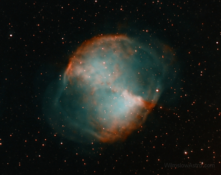 m27_natura_full_060717.jpg -    Object:   M27 narrow band     Date:   July 17th 2006     Instrument:   C9.25 SCT     Camera:   SXV-H9     Exposure:   Ha, OIII, SII = 5x 240sec each     Filters:   Astronomik Ha, OII, SII     Comments:   Narrow band image using a natural colour palette of my own devising.  