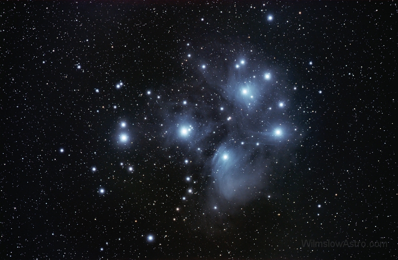 m45_stack2_no-cal_75pct.jpg -    Object:   M45 - Pleiades     Date:   October 5th 2008     Instrument:   SV4 Apo + TV TRF2008 FF     Camera:   QHY8     Exposure:   11 x 10 minutes     Filters:   IDAS LPS     Comments:   The IDAS filter left some bad colour gradients in the image. I discovered afterwards that the camera gain setting was wrong, I have lost about 1/3rd of the sensitivity!  