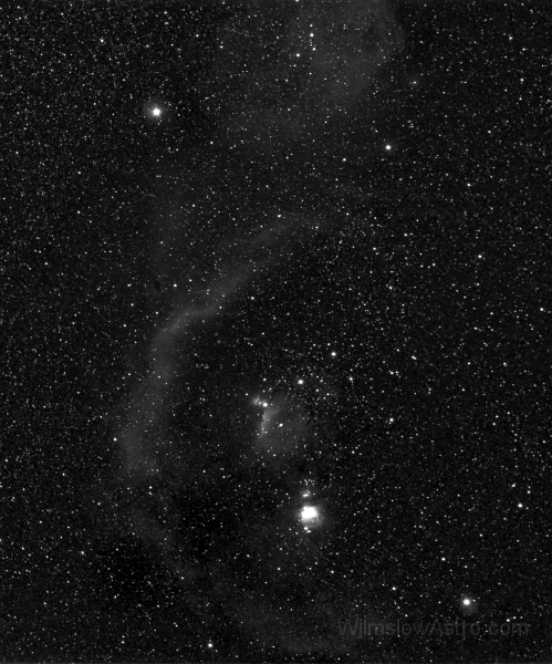 orion.jpg -    Object:   Orion Constellation     Date:   January 1st 2004     Instrument:   28mm Camera lens @ f/4     Camera:   SXV-H9     Exposure:        Filters:   Astronomik Ha     Comments:   Mosaic of two images.  