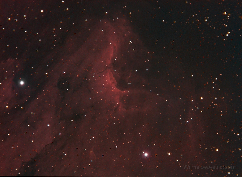 ic5070_75pct_050716.jpg -    Object:   IC5070 - Pelican Nebula     Date:   July 16th 2005     Instrument:   StellarVue SV4 Apo + 0.63 FR     Camera:   SXV-H9     Exposure:        Filters:   HaRGB - Astronomik Type IIc     Comments:   This was a bit of an experiment, the SV4 does not have sufficent in-focus to allow the FR to be used at its optimal distance.  The FR introduced significant aberrations, I don't think I'll be using it again!  