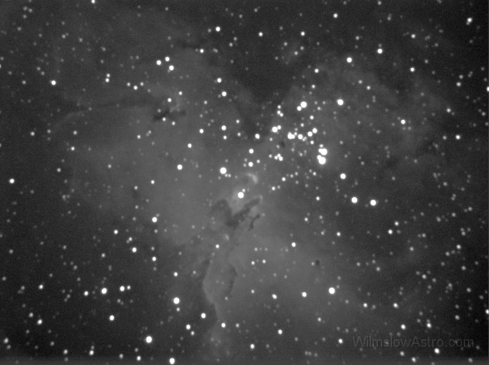 m16-030721.jpg -    Object:   M16 - Eagle Nebula     Date:   July 21st 2003     Instrument:   LX200 10" f/10     Camera:   SXV-H9 - binned 2x2     Exposure:   6x 120 seconds     Filters:   Orion Skyglow     Comments:   Stacked in AstroArt, tweaked in Photoshop.I was amazed to capture anything here, M16 was imaged through light cloud (the autoguider kept losing the guide star in the thicker bits of cloud) - no stars were visible in that part of the sky to the naked eye - whilst it was disappearing into the tree branches!  
