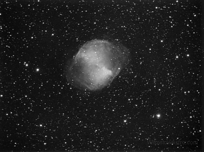 m27_030624a.jpg -    Object:   M27 - The Dumbell Nebula     Date:   June 24th 2003     Instrument:   LX200 10" f/10 + 0.33 FR     Camera:   SXV-H9 binned 2x2     Exposure:   9x 90 seconds     Filters:   Orion Skyglow     Comments:   Some of the exposures didn't have very good tracking, but I included them in the final image anyway to reduce noise levels - hence the slightly oval stars. No darks, no flats A quick snap-shot really  