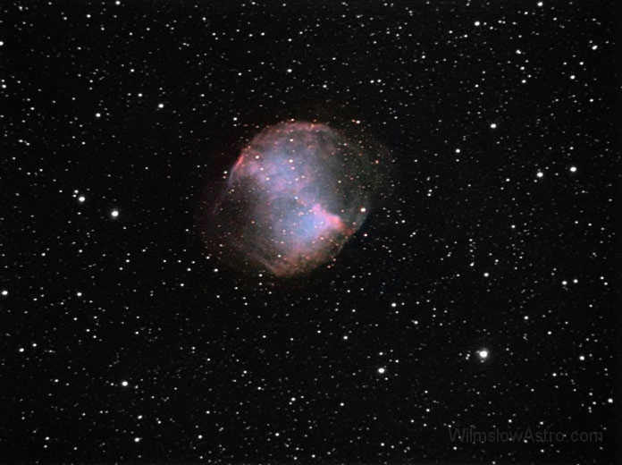 m27_030624b.jpg -    Object:   M27 - The Dumbell Nebula     Date:   June 24th 2003     Instrument:   LX200 10" f/10 + 0.33 FR     Camera:   SXV-H9 (Luminance) Toucam (colour)     Exposure:   L = 9x 90 seconds, Colour = 30x 20 seconds     Filters:   L = Orion Skyglow; Colour = None     Comments:   Some of the exposures didn't have very good tracking, but I included them in the final image anyway to reduce noise levels - hence the slightly oval stars. No darks, no flats, LX200 with 3.3FR running at (I guess around f/5 I've not checked it) This is a colourised version of the image. I took my webcam image of M27 from 10 Sept 2002, resized it and applied it as a colour layer to the SXV image. Turned out better than I thought!  