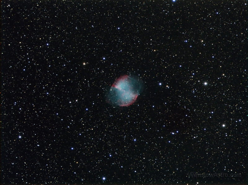 m27_050710.jpg -    Object:   M27 - The Dumbell Nebula     Date:   July 10th 2005     Instrument:   StellarVue SV4 Apo     Camera:   SXV-H9     Exposure:   RGB = 9x 120 seconds     Filters:   Astronomik Type IIc     Comments:   RGB image taken at prime focus of the SV4. No dark or flat applied. Taken at Wilmslow  