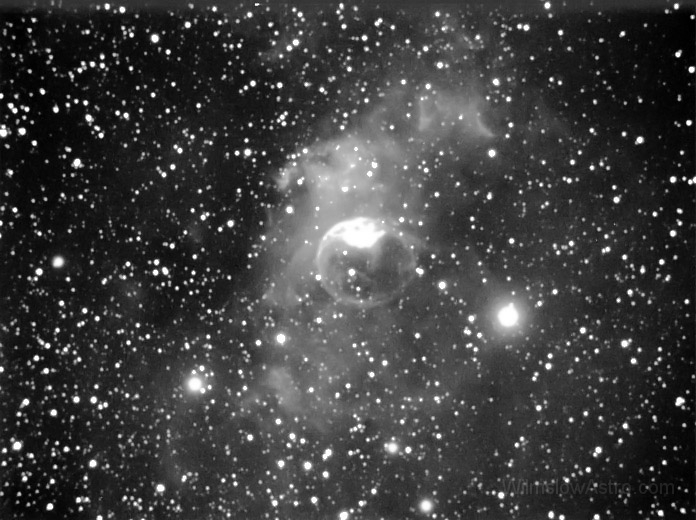 ngc7635-030721.jpg -    Object:   NGC7635 - The Bubble Nebula     Date:   July 21st 2003     Instrument:   LX200 10" f/10     Camera:   SXV-H9 - binned 2x2     Exposure:   10x 300 seconds     Filters:   Orion Skyglow     Comments:   Stacked in AstroArt, tweaked in Photoshop  
