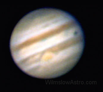 021209_2328.jpg -    Object:   Jupiter     Date:   December 9th 2002 23:28UT     Instrument:   LX200 10" f/10     Camera:   Toucam     Exposure:        Filters:   Baader IR Blocking     Comments:   Taken at f/40 - Europa and it's shadow (Europa is in transit and hard to see)  