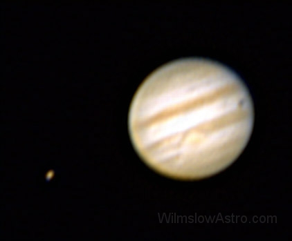 021209_2333.jpg -    Object:   Jupiter     Date:   December 9th 2002 23:28UT     Instrument:   LX200 10" f/10     Camera:   Toucam     Exposure:        Filters:   Baader IR Blocking     Comments:   Taken at f/20 - Io, Europa and Europa's shadow (Europa still in transit)  