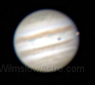 021210_0153.jpg -    Object:   Jupiter     Date:   December 10th 2002 01:53UT     Instrument:   LX200 10" f/10     Camera:   Toucam     Exposure:        Filters:   Baader IR Blocking     Comments:   Taken at f/10 - Io, Io's shadow, Europa (now Io is in transit, Europa is just emerging)  