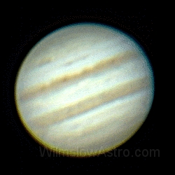 c030104.gif -    Object:   Jupiter Animation     Date:   January 4th 2003     Instrument:   LX200 10" f/10     Camera:   Toucam Pro     Exposure:        Filters:        Comments:   You have to view the full size image to see the animation