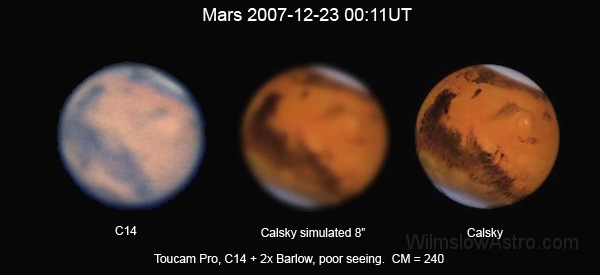 mars-071223-0011_cm240.jpg -    Object:   Mars     Date:   December 23rd 2007     Instrument:   C14 SCT     Camera:   Toucam Pro     Exposure:        Filters:        Comments:   Taken at 00:11UT (CM=240) Taken at f/22 using Ultima 2x Barlow.  