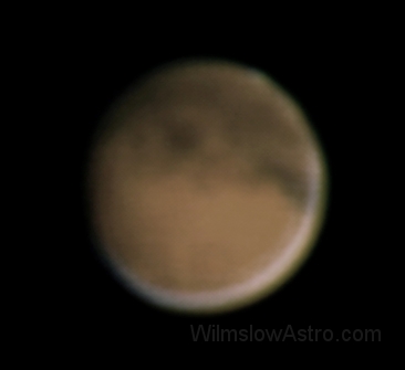 mars_0458_900_stretched.jpg -    Object:   Mars     Date:   October 9th 2005     Instrument:   C9.25 SCT @ f/70     Camera:   Toucam Pro     Exposure:        Filters:        Comments:   Mars at f/70 using eyepiece projection taken at 04:58 BST.  Waited all night for a clear spell, it didn't come so this image taken through cloud.  
