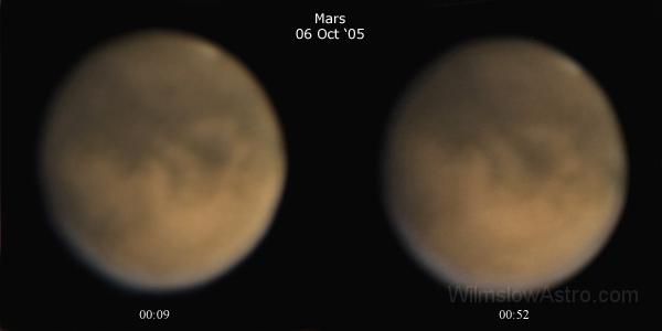 mars_051006b.jpg -    Object:   Mars     Date:   October 6th 2005     Instrument:   C9.25 SCT     Camera:   Toucam Pro     Exposure:        Filters:        Comments:   Two images of Mars at 00:09 and 00:52 BST. Taken at f/70 using eyepiece projection.  