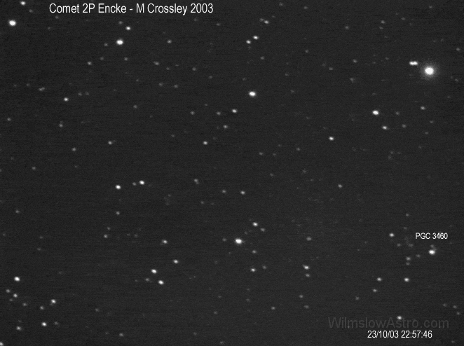 2p-encke-1a.gif -    Object:   Comet 2P Encke     Date:   October 23rd 2003     Instrument:   LX200 10" f/10 + 0.33 FR     Camera:   SXV-H9     Exposure:        Filters:        Comments:   This animated GIF is only viewable in the full size version. An animation of comet 2P Encke over the course of a few minutes. Taken at F3.4 through thin cloud.  