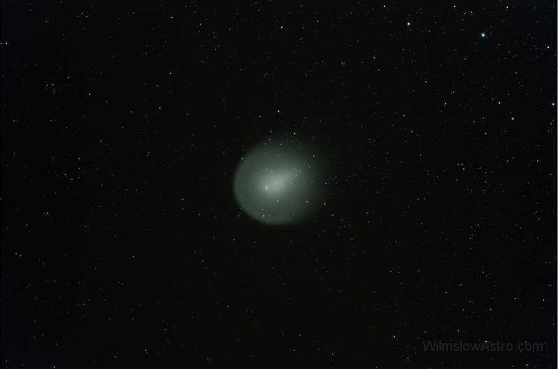 holmes-2m-mls.jpg -    Object:   Comet 17/P Holmes     Date:   November 11th 2007     Instrument:   SV4 + TV TRF-2008     Camera:   QHY8     Exposure:   12x 2 mins     Filters:   IDAS LPS     Comments:   First light image for the new observatory. Unguided short subs, the outer coma is *just* about visible if pushed, I reckon this needs at least 1 hour exposure time to really bring it out. Arghh! I forgot to take any flat fields :(  