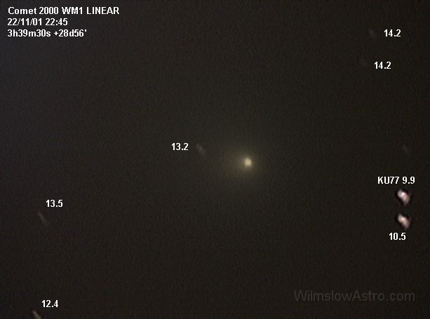 linearwm1_011123.jpg -    Object:   C/2000 WM1 (LINEAR)     Date:   November 23rd 2001     Instrument:   LX200 10" f/10     Camera:   Toucam Pro     Exposure:   13 LE images stacked     Filters:        Comments:     
