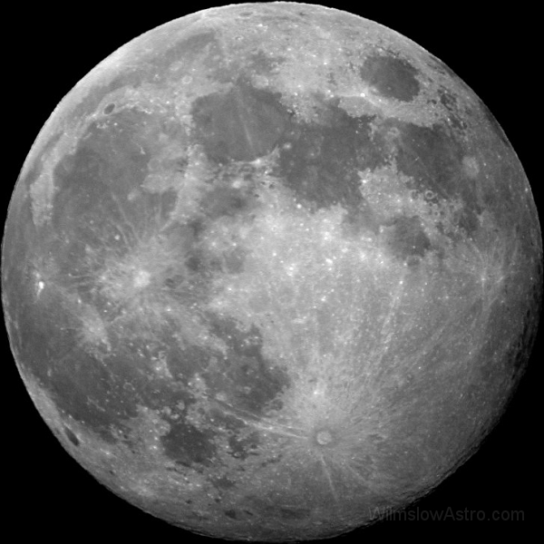moon010408.jpg -    Object:   Full Moon     Date:   April 8th 2001     Instrument:   ETX90-EC     Camera:   Nikon CP880     Exposure:        Filters:   None     Comments:   A single exposure using 32mm eyepiece afocal. This greyscale image was derived from the Green channel as this seems to produce less noise than Red or Blue. (note this image is reduced in linear size by 50% from the original)  