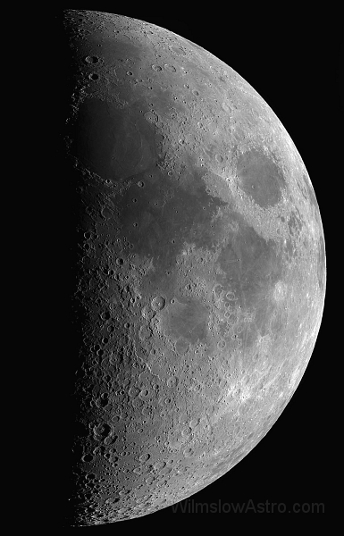 moon_050215.jpg -    Object:   1st Quarter     Date:   February 15th 2005     Instrument:   C9.25 SCT     Camera:   SXV-H9     Exposure:        Filters:   Astronomik Ha     Comments:   Mosaic of two frames at approx f/6.3. Each panel stacked from a run of 40 sub-frames.  